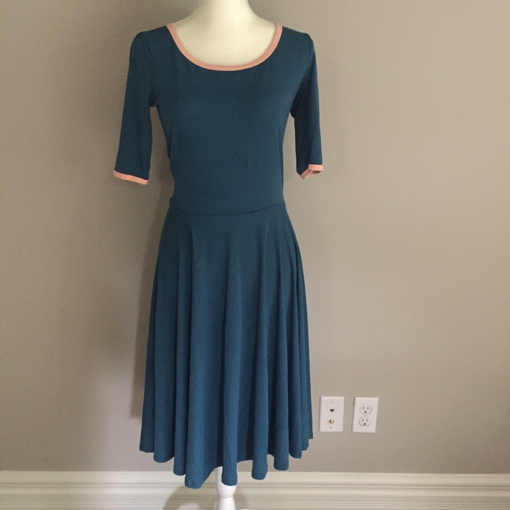 LuLaRoe Dress Flared Blue Pink With Trim Piping S